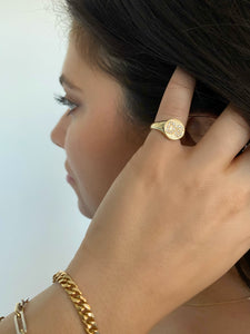 Brushed Gold and Diamond Initial Signet Ring