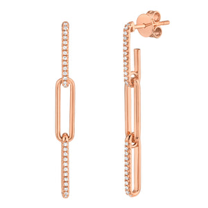 14k Rose Gold Diamond Paper Clip Linear Drop Earrings