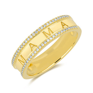 Sandak 14k Yellow Gold Mama Cigar Band Ring with Diamond Pave Border 